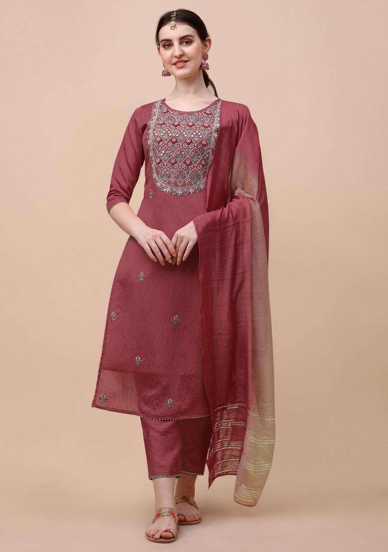 Multicolor Embroidered Rayon Straight Kurta Set - Indya