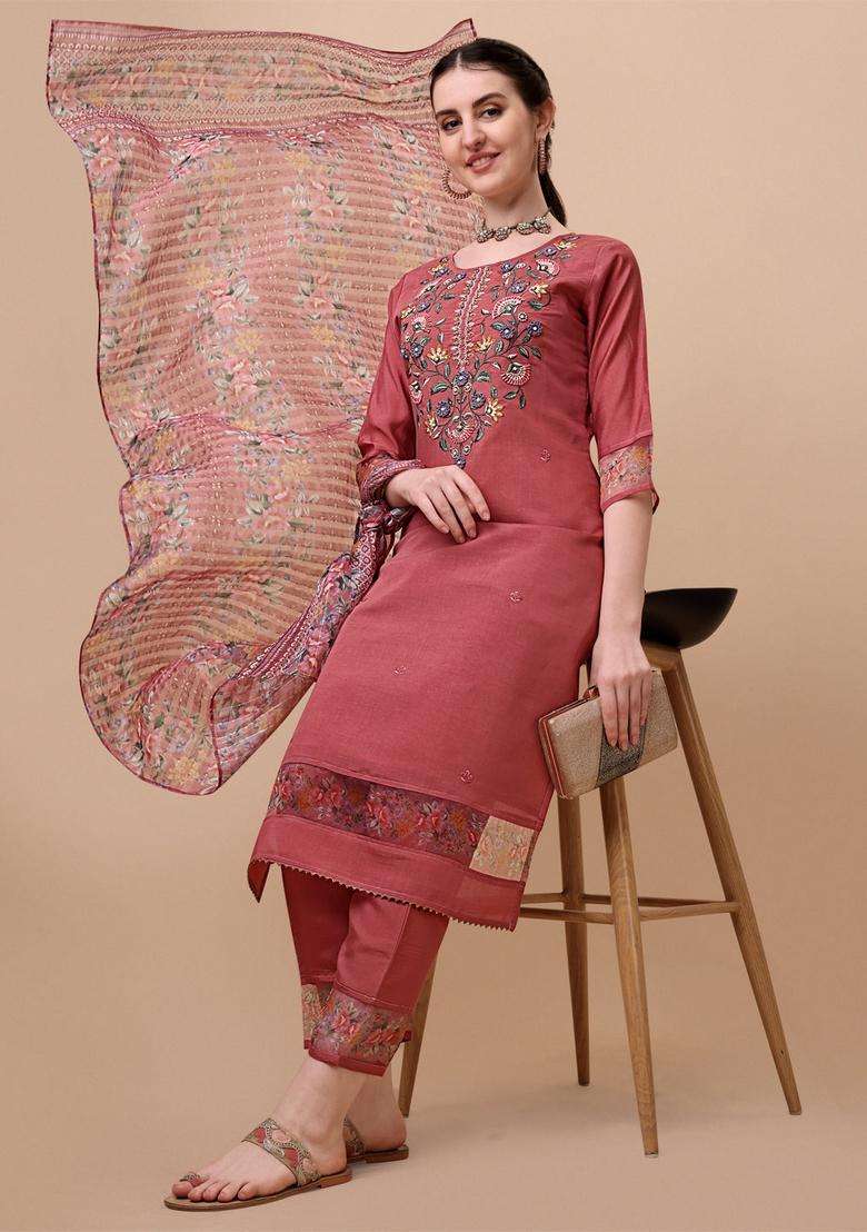 Multicolor Embroidered Rayon Straight Kurta Set - Indya