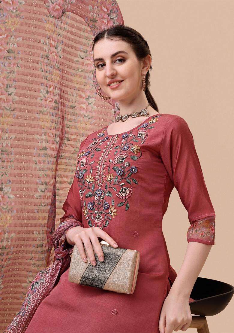Multicolor Embroidered Rayon Straight Kurta Set - Indya