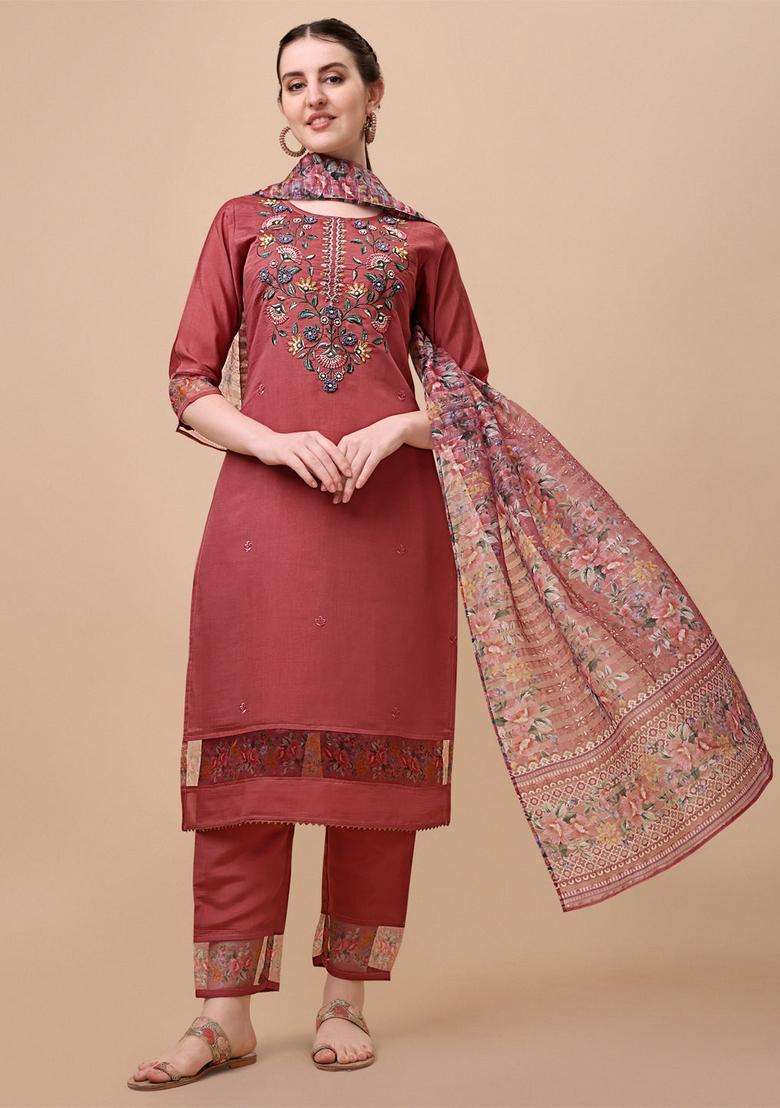 Multicolor Embroidered Rayon Straight Kurta Set - Indya