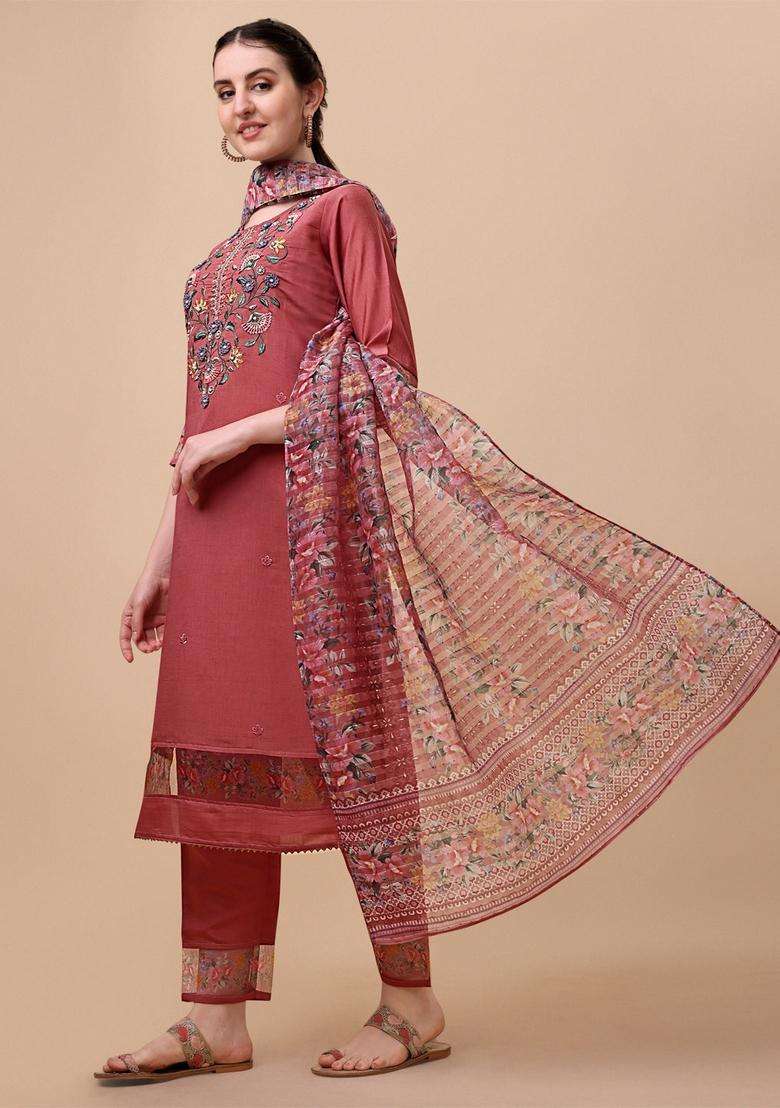 Multicolor Embroidered Rayon Straight Kurta Set - Indya
