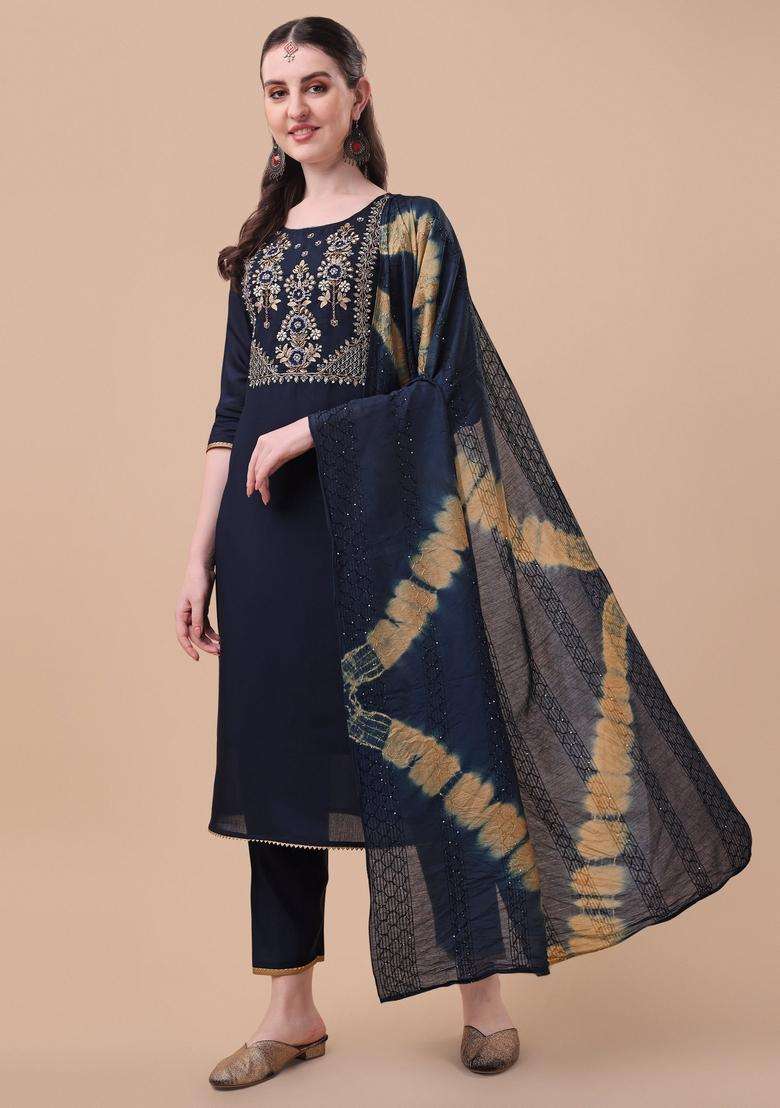 Multicolor Embroidered Rayon Straight Kurta Set - Indya