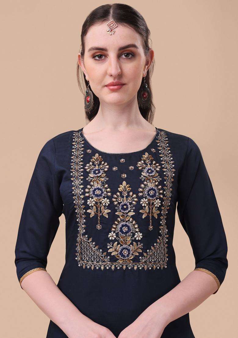 Multicolor Embroidered Rayon Straight Kurta Set - Indya