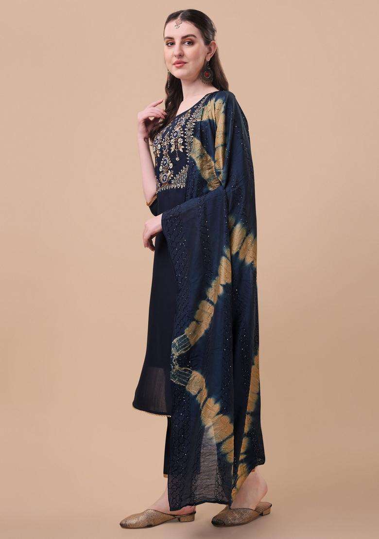 Multicolor Embroidered Rayon Straight Kurta Set - Indya