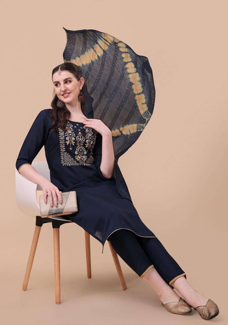 Multicolor Embroidered Rayon Straight Kurta Set - Indya