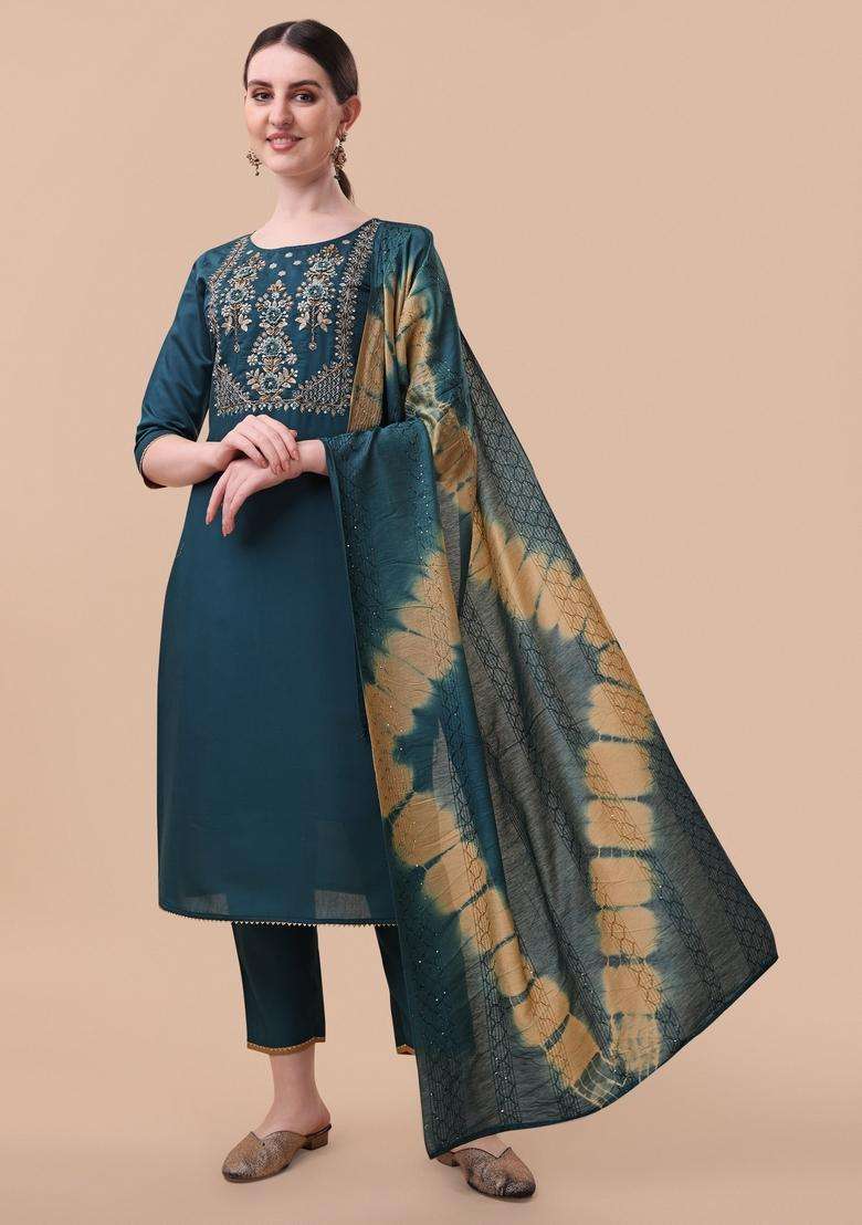 Multicolor Embroidered Rayon Straight Kurta Set - Indya