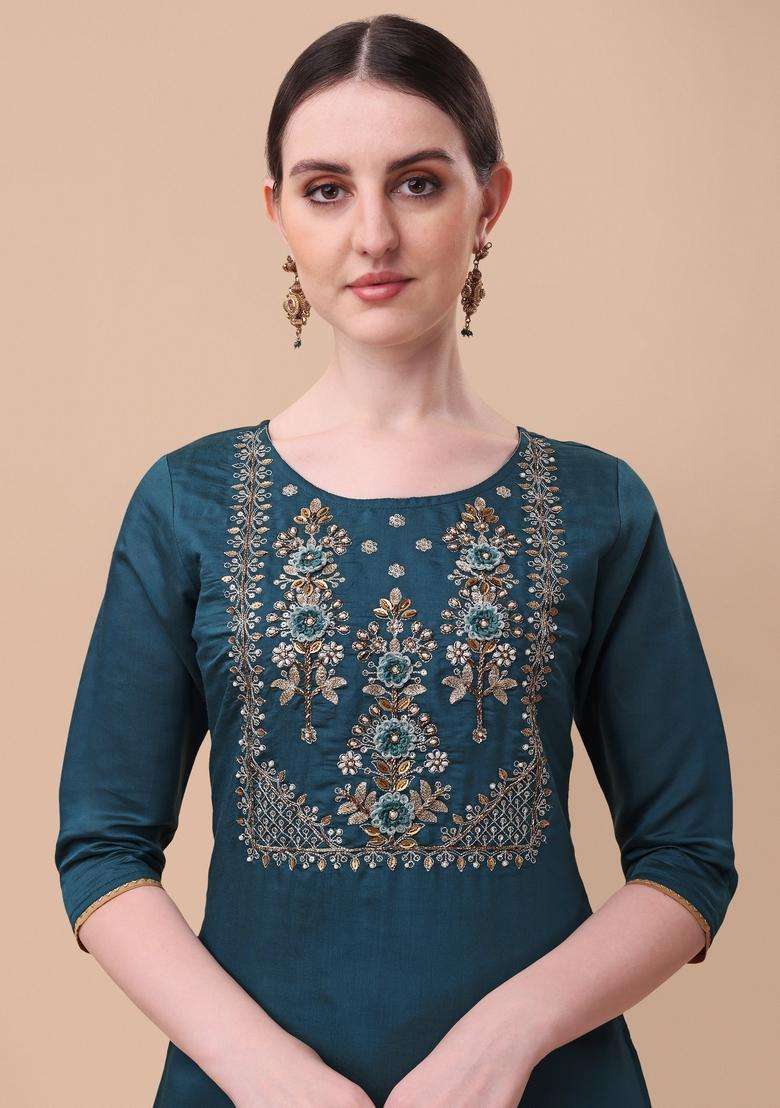 Multicolor Embroidered Rayon Straight Kurta Set - Indya