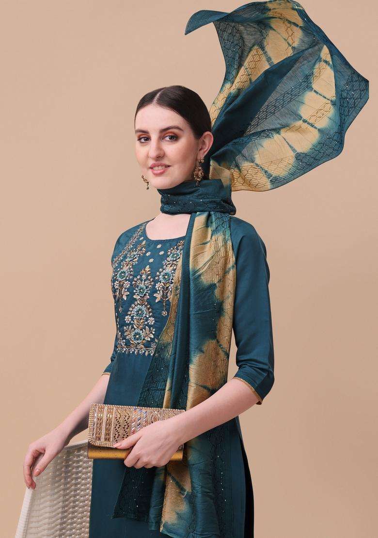Multicolor Embroidered Rayon Straight Kurta Set - Indya