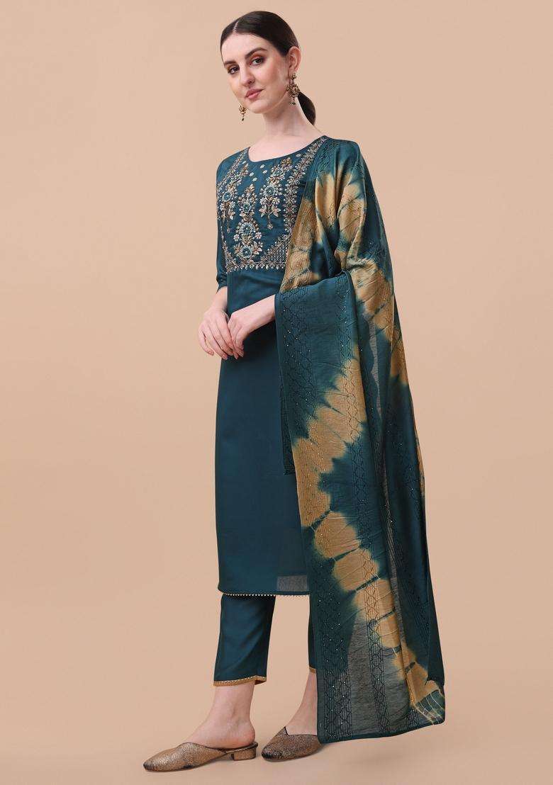 Multicolor Embroidered Rayon Straight Kurta Set - Indya