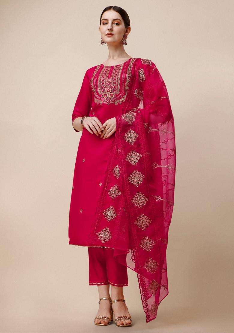 Multicolor Embroidered Rayon Straight Kurta Set - Indya