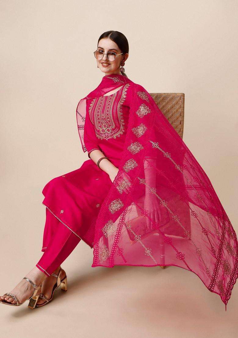 Multicolor Embroidered Rayon Straight Kurta Set - Indya