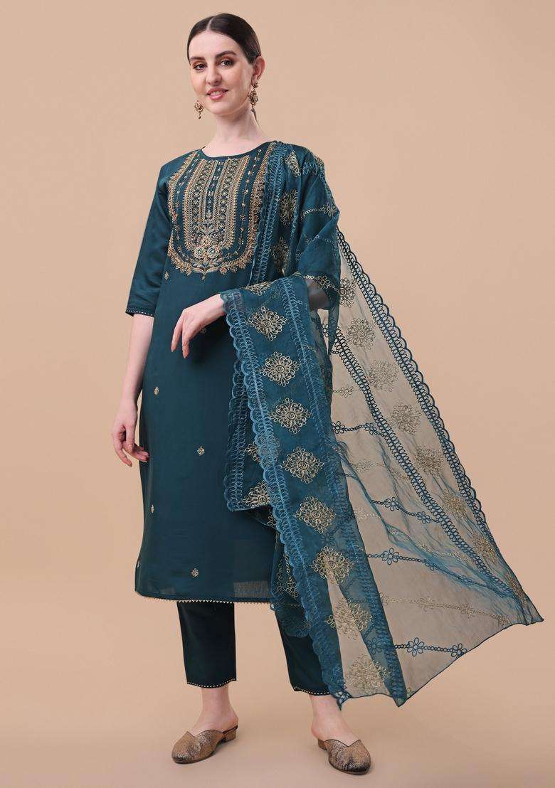 Multicolor Embroidered Rayon Straight Kurta Set - Indya