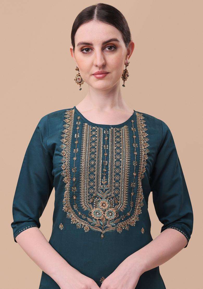 Multicolor Embroidered Rayon Straight Kurta Set - Indya