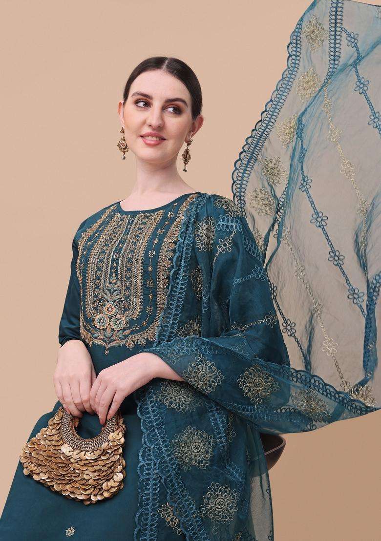 Multicolor Embroidered Rayon Straight Kurta Set - Indya