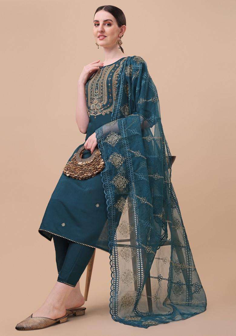 Multicolor Embroidered Rayon Straight Kurta Set - Indya