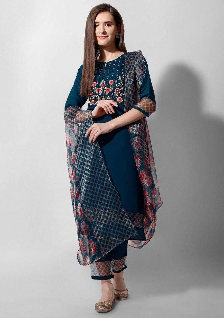 Multicolor Embroidered Rayon Straight Kurta Set - Indya