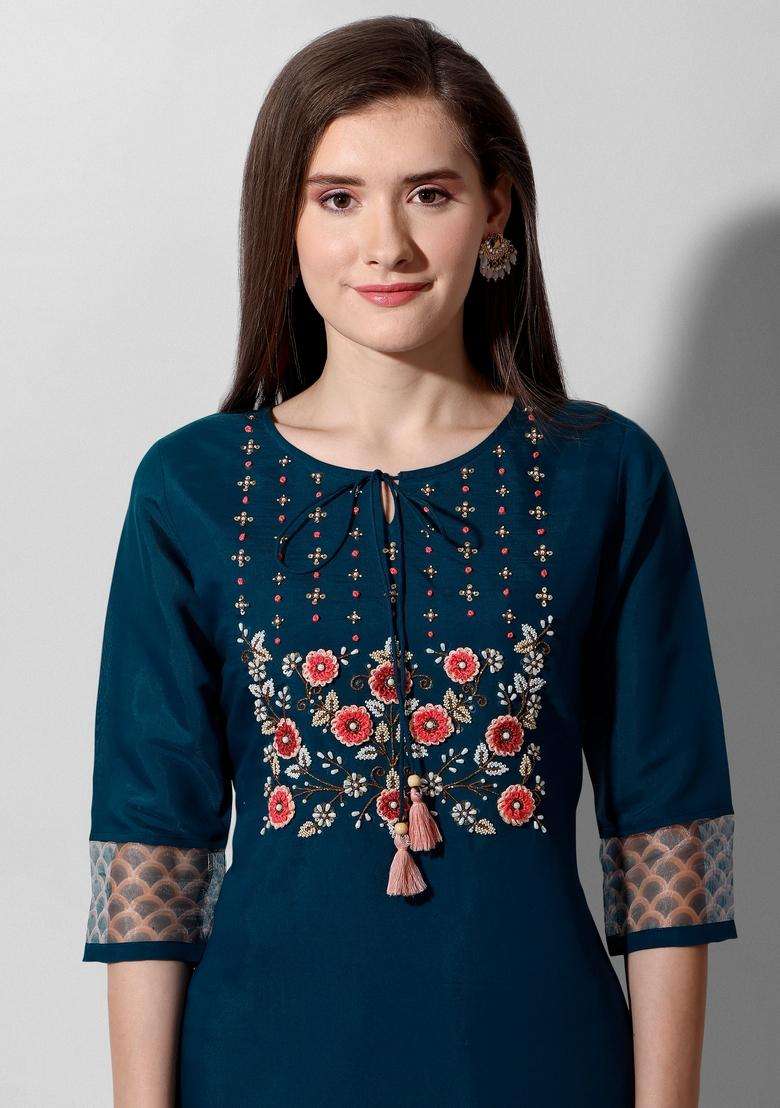 Multicolor Embroidered Rayon Straight Kurta Set - Indya