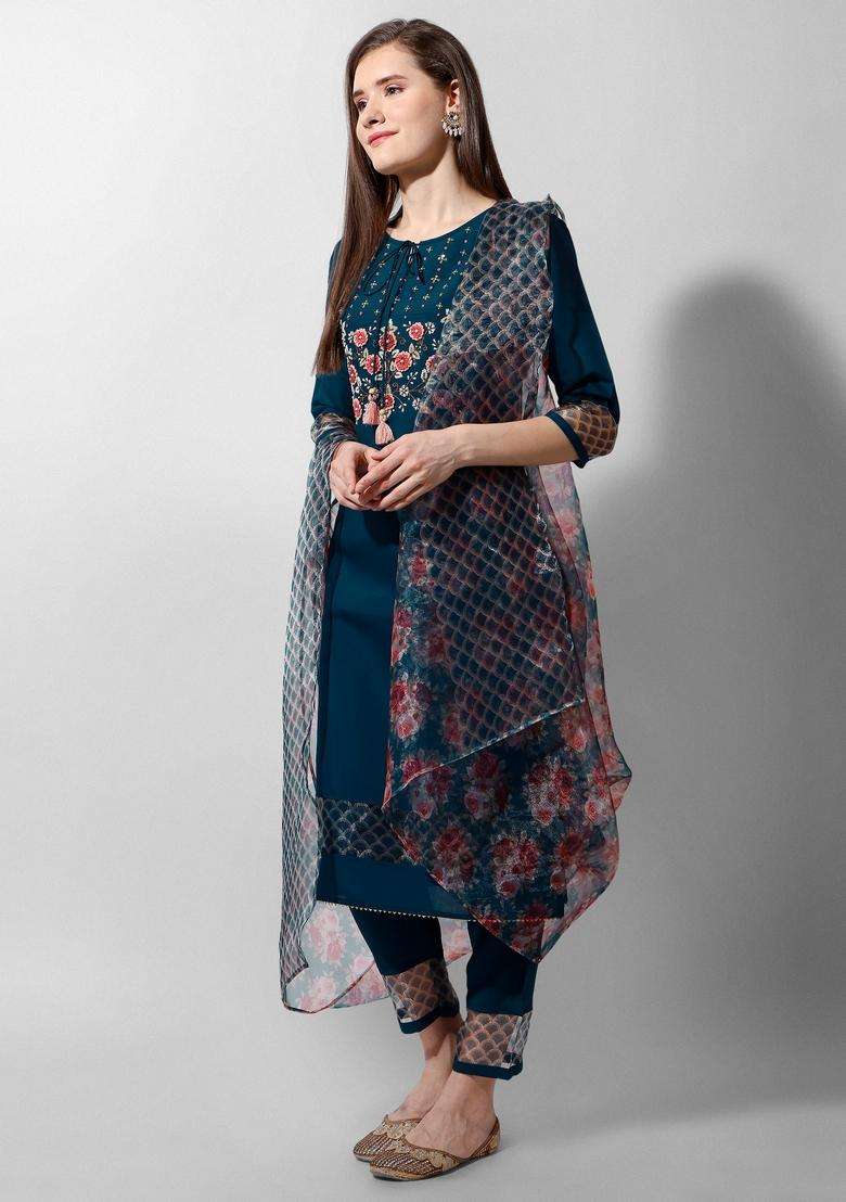 Multicolor Embroidered Rayon Straight Kurta Set - Indya