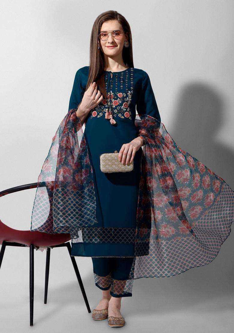 Multicolor Embroidered Rayon Straight Kurta Set - Indya