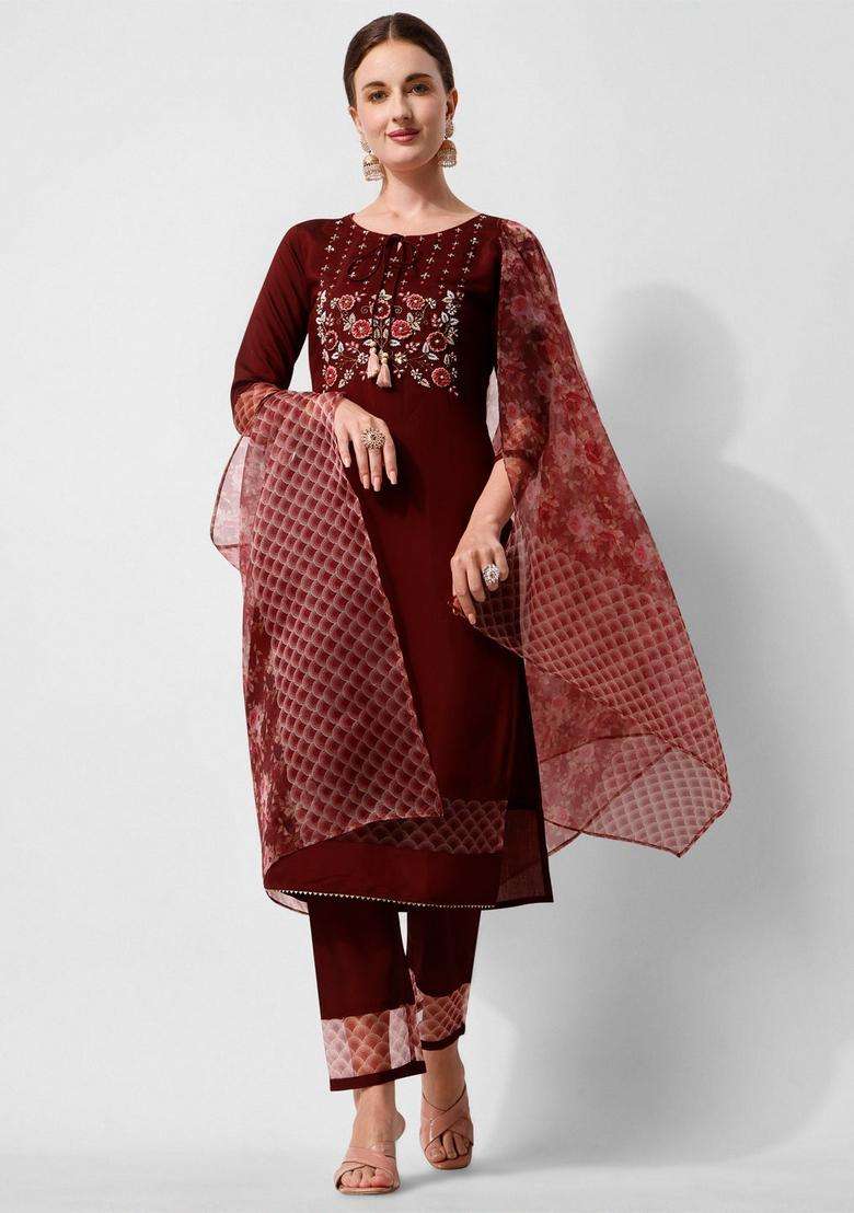 Multicolor Embroidered Rayon Straight Kurta Set - Indya