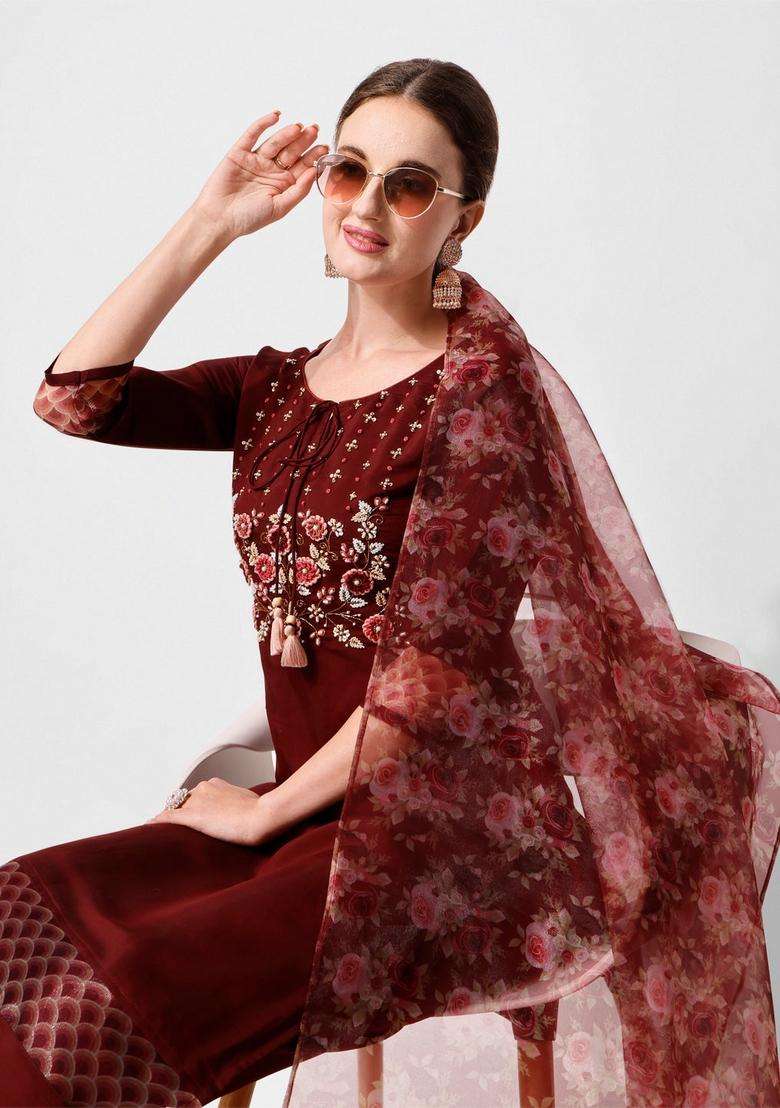 Multicolor Embroidered Rayon Straight Kurta Set - Indya