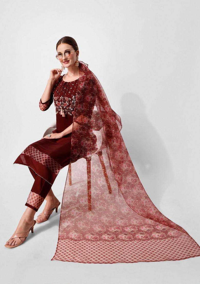 Multicolor Embroidered Rayon Straight Kurta Set - Indya