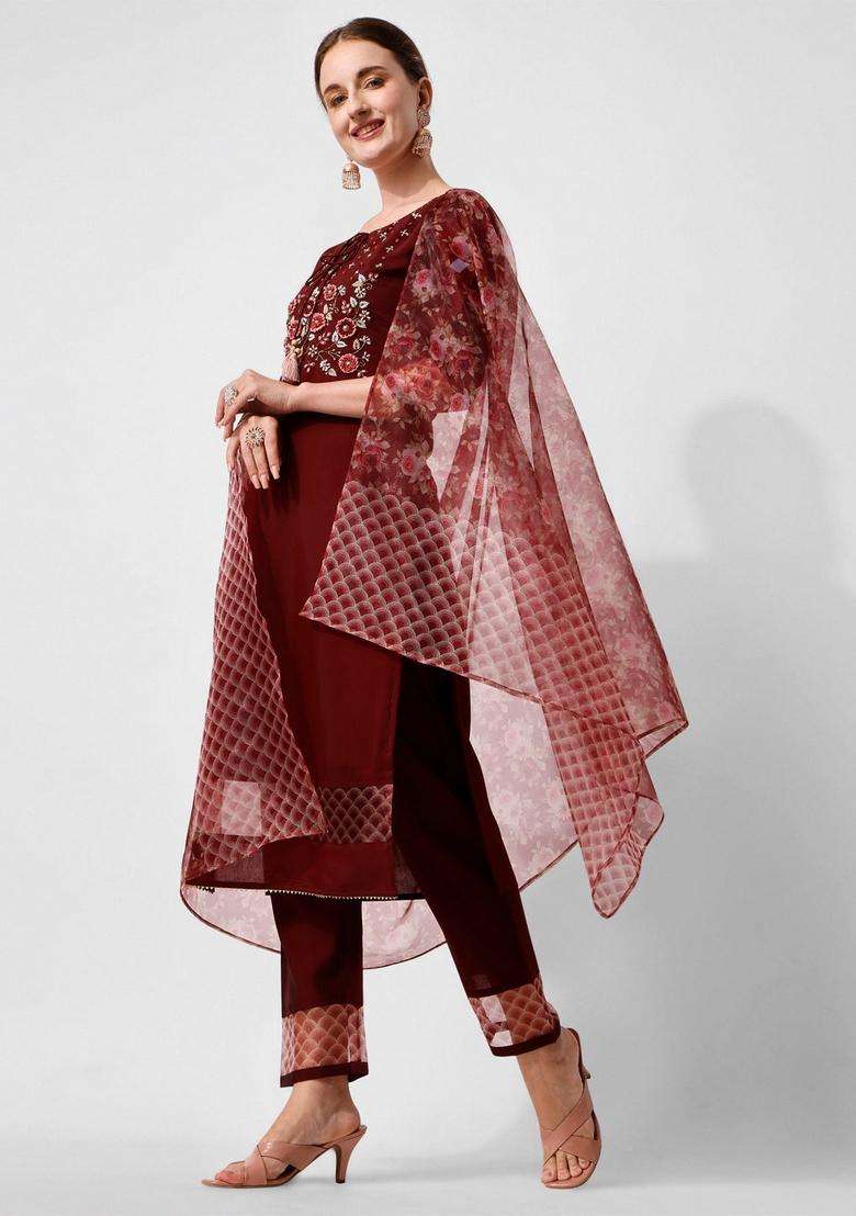 Multicolor Embroidered Rayon Straight Kurta Set - Indya