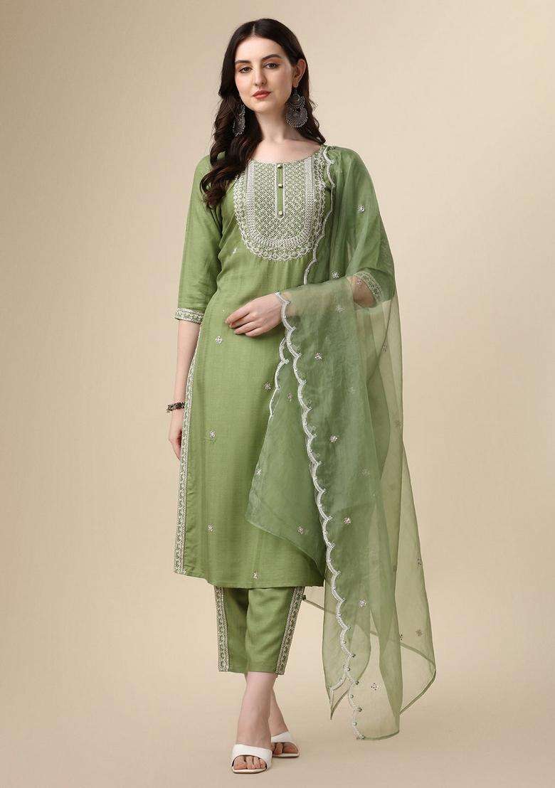 Multicolor Embroidered Rayon Straight Kurta Set - Indya
