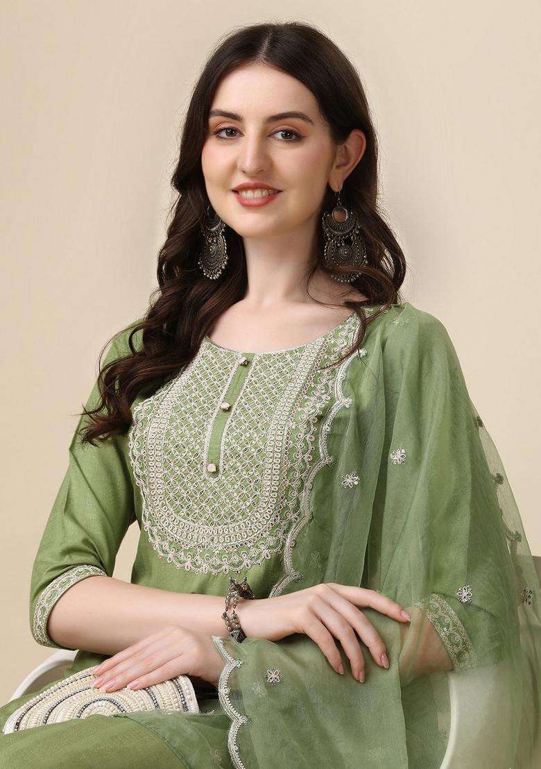 Multicolor Embroidered Rayon Straight Kurta Set - Indya