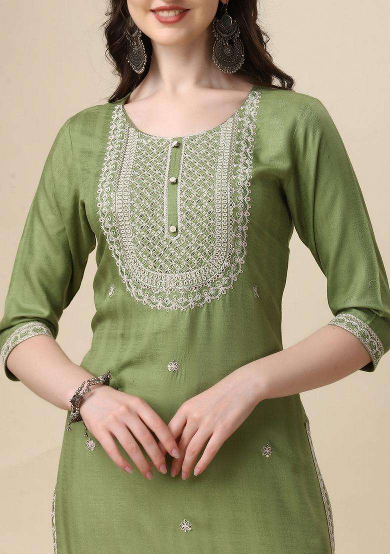 Multicolor Embroidered Rayon Straight Kurta Set - Indya