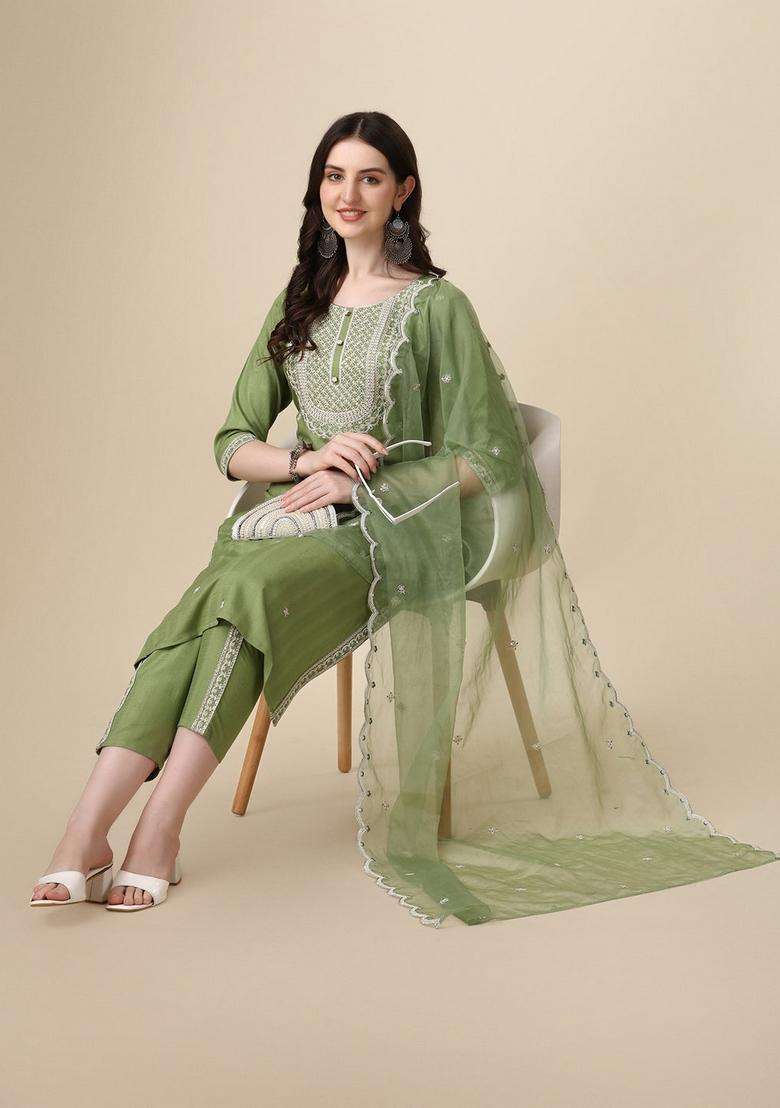 Multicolor Embroidered Rayon Straight Kurta Set - Indya