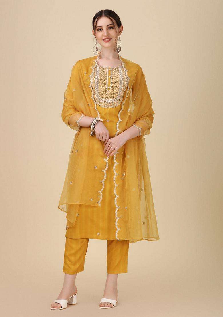 Multicolor Embroidered Rayon Straight Kurta Set - Indya