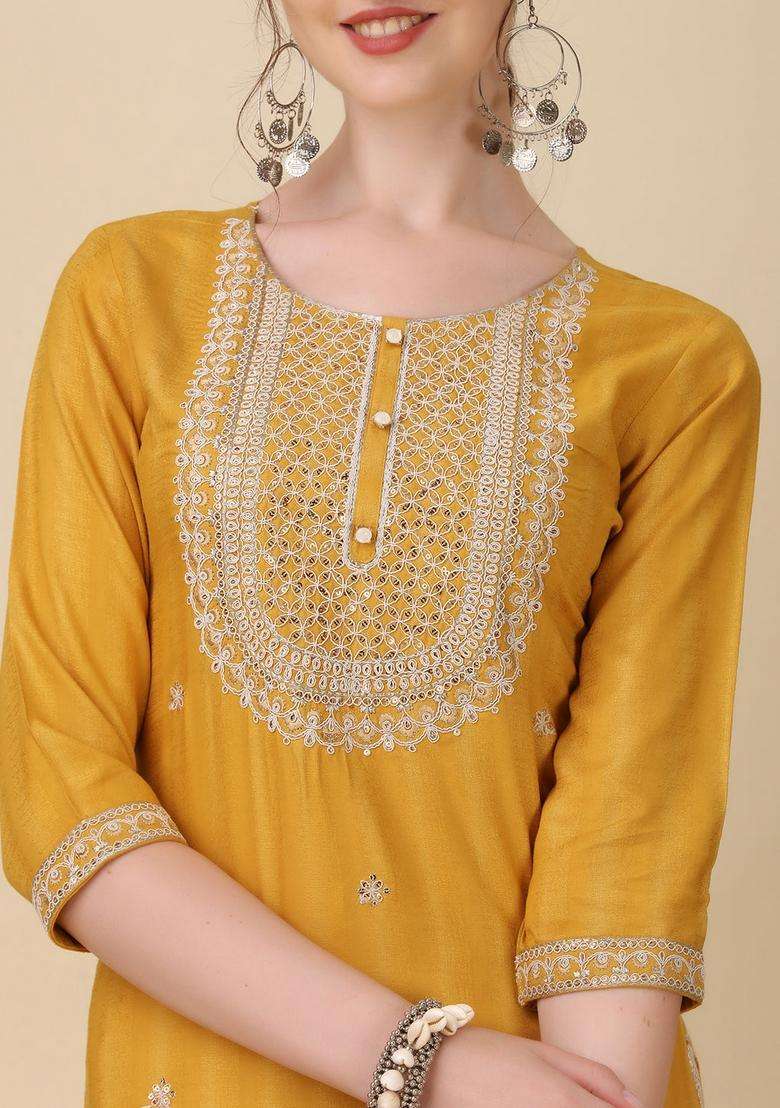 Multicolor Embroidered Rayon Straight Kurta Set - Indya