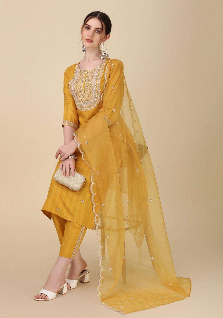 Multicolor Embroidered Rayon Straight Kurta Set - Indya
