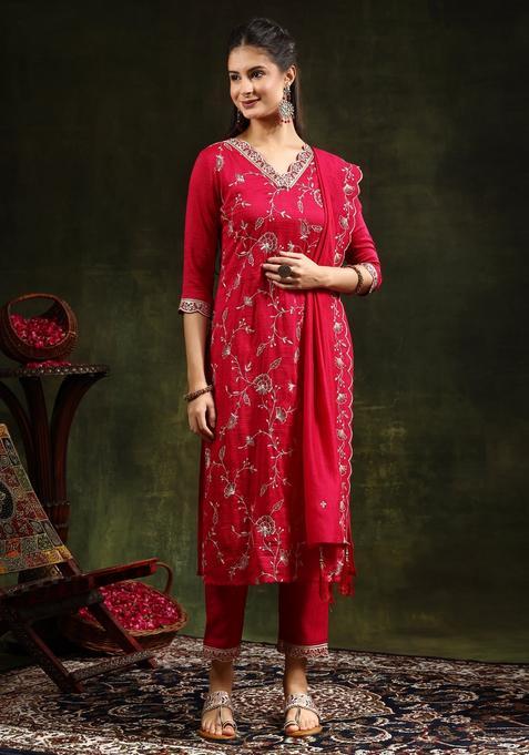 Pink Embroidery Silk Kurta Set