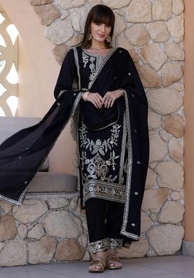 Black Embroidery Silk Kurta Set