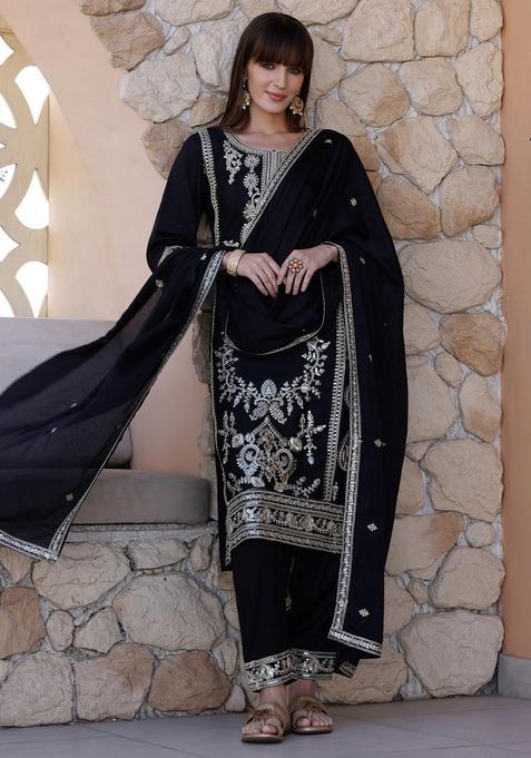 Black Embroidery Silk Kurta Set