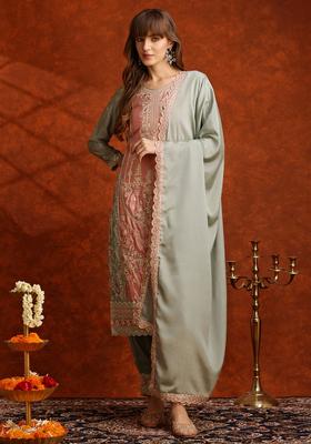 Green Embroidery Silk Kurta Set