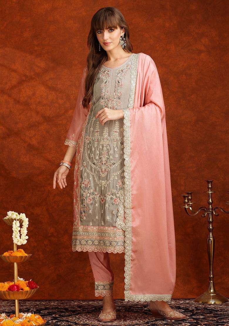 Pink Embroidered Silk Straight Kurta Set - Indya