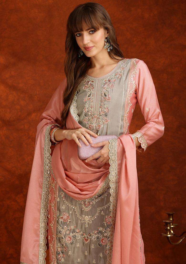 Pink Embroidered Silk Straight Kurta Set - Indya
