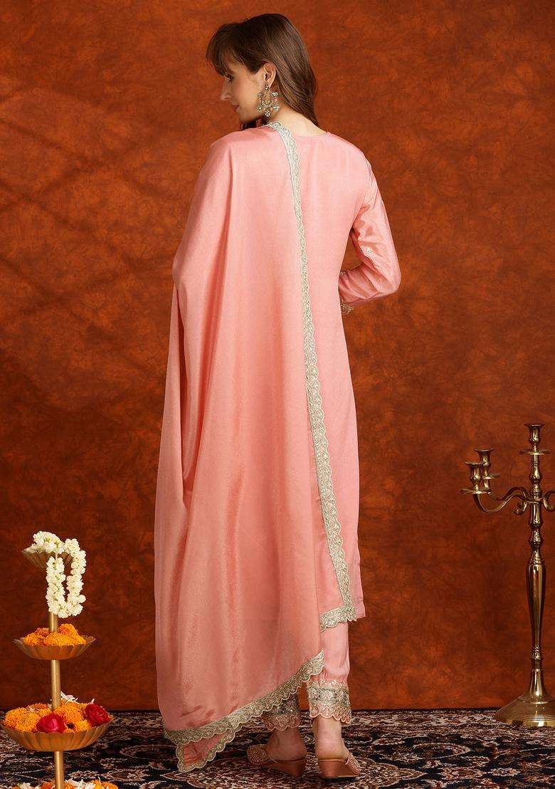 Pink Embroidered Silk Straight Kurta Set - Indya