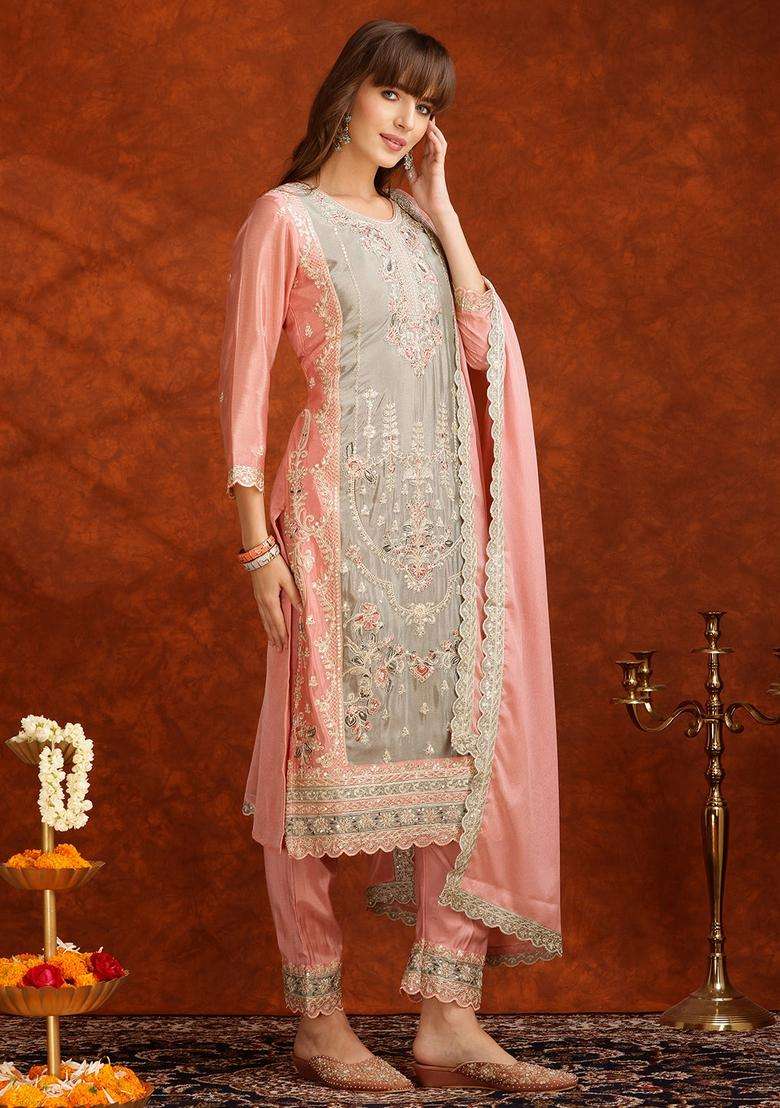 Pink Embroidered Silk Straight Kurta Set - Indya