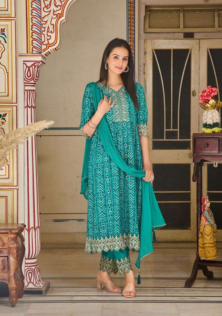 Teal Bandhani Rayon Straight Kurta Set - Indya