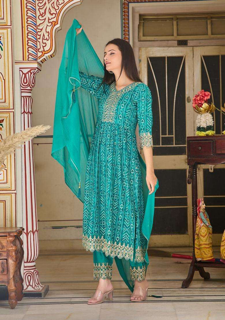 Teal Bandhani Rayon Straight Kurta Set - Indya