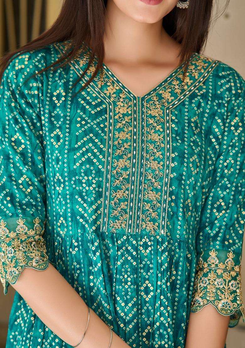 Teal Bandhani Rayon Straight Kurta Set - Indya