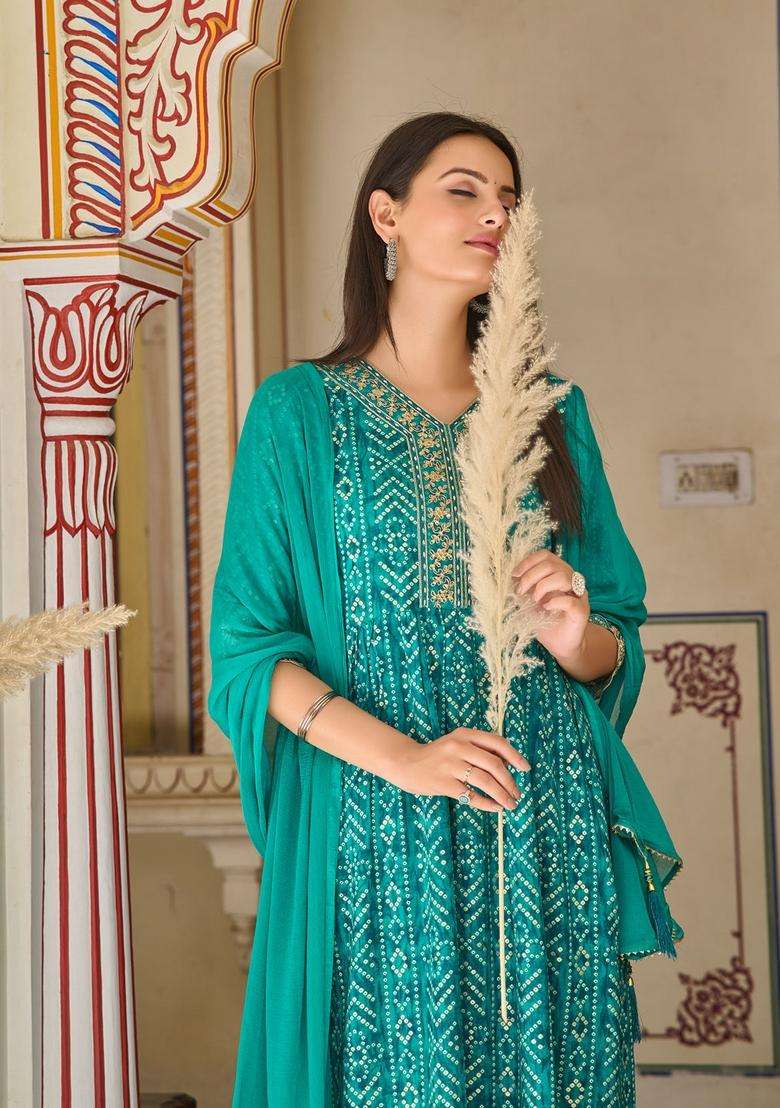 Teal Bandhani Rayon Straight Kurta Set - Indya