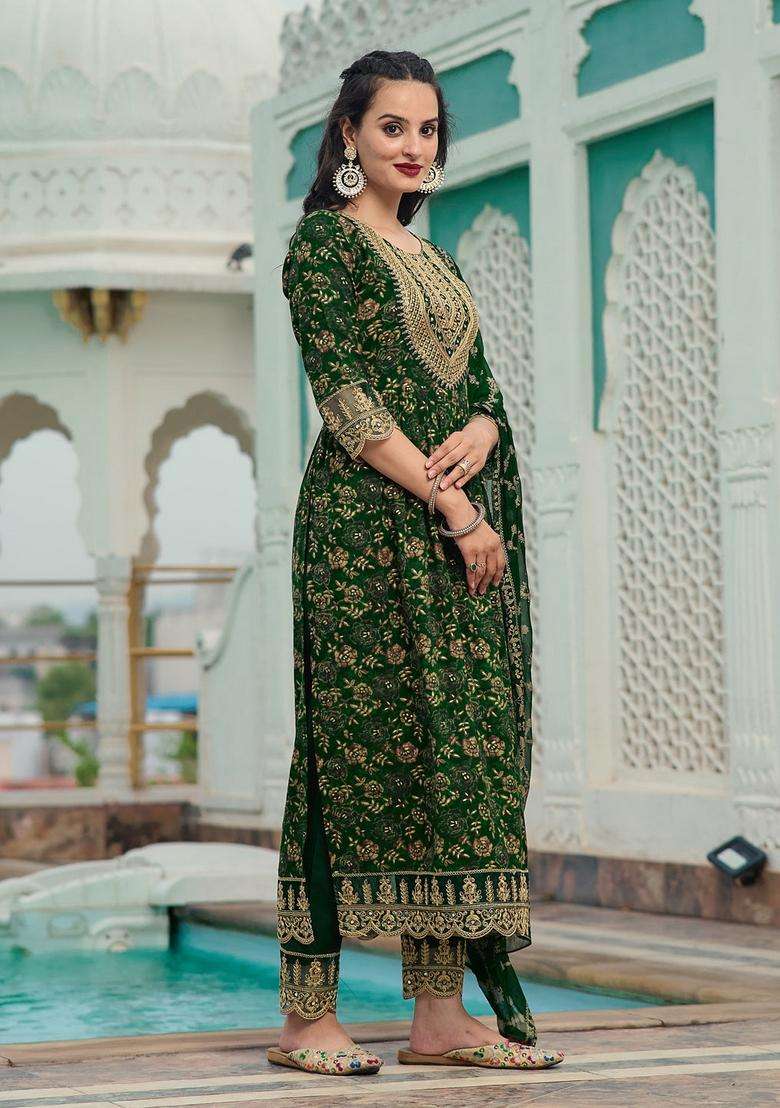 Green Embroidered Rayon Straight Kurta Set - Indya