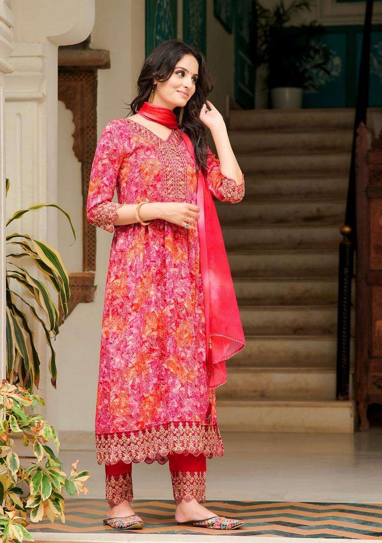 Pink Embroidered Rayon Straight Kurta Set - Indya