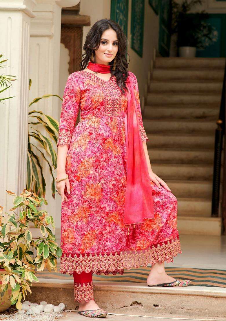 Pink Embroidered Rayon Straight Kurta Set - Indya