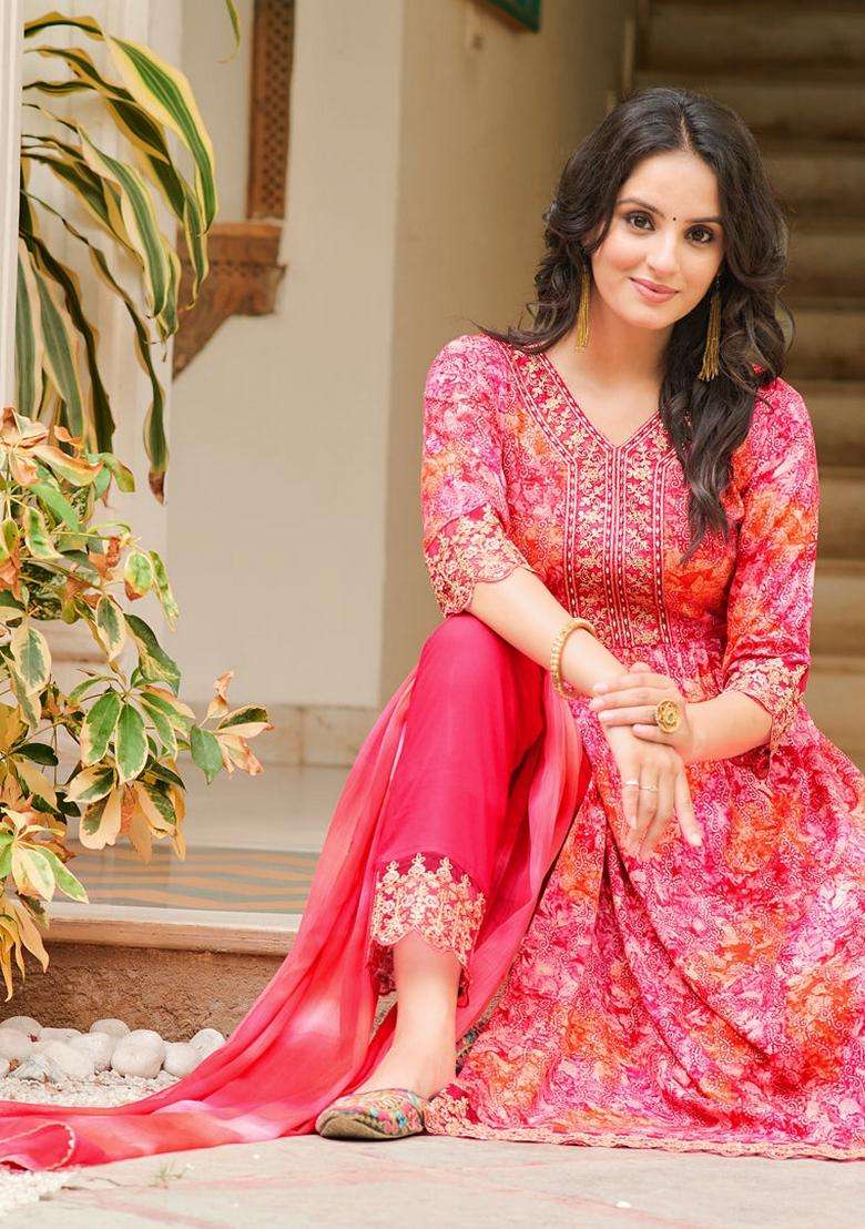 Pink Embroidered Rayon Straight Kurta Set - Indya